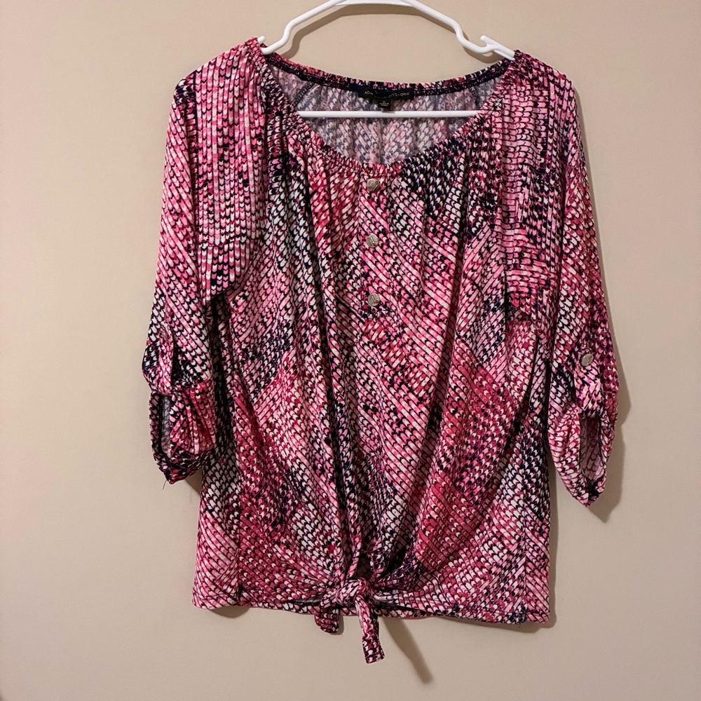 Adrienne Vittadini Blouse Top Roll Tab Sleeves Tie Waist Pink Stretch Sz Small
